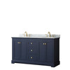 Avery 60 Inch Double Bathroom Vanity In Dark Blue, White Carrara Marble Countertop, Undermount Oval Sinks, And No Mirror