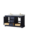 Avery 60 Inch Double Bathroom Vanity In Dark Blue, White Carrara Marble Countertop, Undermount Oval Sinks, And No Mirror