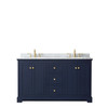 Avery 60 Inch Double Bathroom Vanity In Dark Blue, White Carrara Marble Countertop, Undermount Oval Sinks, And No Mirror
