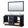 Avery 60 Inch Double Bathroom Vanity In Dark Blue, White Carrara Marble Countertop, Undermount Square Sinks, And 58 Inch Mirror