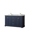 Avery 60 Inch Double Bathroom Vanity In Dark Blue, White Carrara Marble Countertop, Undermount Square Sinks, And No Mirror