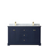 Avery 60 Inch Double Bathroom Vanity In Dark Blue, White Carrara Marble Countertop, Undermount Square Sinks, And No Mirror