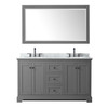 Avery 60 Inch Double Bathroom Vanity In Dark Gray, White Carrara Marble Countertop, Undermount Oval Sinks, Matte Black Trim, 58 Inch Mirror