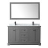 Avery 60 Inch Double Bathroom Vanity In Dark Gray, White Carrara Marble Countertop, Undermount Square Sinks, Matte Black Trim, 58 Inch Mirror