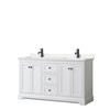 Avery 60 Inch Double Bathroom Vanity In White, Carrara Cultured Marble Countertop, Undermount Square Sinks, Matte Black Trim