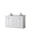 Avery 60 Inch Double Bathroom Vanity In White, White Carrara Marble Countertop, Undermount Oval Sinks, Matte Black Trim