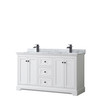 Avery 60 Inch Double Bathroom Vanity In White, White Carrara Marble Countertop, Undermount Square Sinks, Matte Black Trim