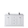 Avery 60 Inch Double Bathroom Vanity In White, White Carrara Marble Countertop, Undermount Square Sinks, Matte Black Trim