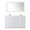 Avery 60 Inch Double Bathroom Vanity In White, Carrara Cultured Marble Countertop, Undermount Square Sinks, 58 Inch Mirror, Brushed Gold Trim