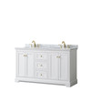 Avery 60 Inch Double Bathroom Vanity In White, White Carrara Marble Countertop, Undermount Oval Sinks, Brushed Gold Trim