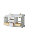 Avery 60 Inch Double Bathroom Vanity In White, White Carrara Marble Countertop, Undermount Oval Sinks, Brushed Gold Trim
