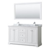 Avery 60 Inch Double Bathroom Vanity In White, White Carrara Marble Countertop, Undermount Square Sinks, And 58 Inch Mirror