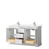 Avery 60 Inch Double Bathroom Vanity In White, White Cultured Marble Countertop, Undermount Square Sinks, No Mirror