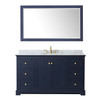 Avery 60 Inch Single Bathroom Vanity In Dark Blue, White Carrara Marble Countertop, Undermount Oval Sink, And 58 Inch Mirror