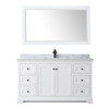 Avery 60 Inch Single Bathroom Vanity In White, White Carrara Marble Countertop, Undermount Square Sink, Matte Black Trim, 58 Inch Mirror