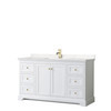 Avery 60 Inch Single Bathroom Vanity In White, Carrara Cultured Marble Countertop, Undermount Square Sink, Brushed Gold Trim