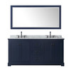 Avery 72 Inch Double Bathroom Vanity In Dark Blue, White Carrara Marble Countertop, Undermount Oval Sinks, Matte Black Trim, 70 Inch Mirror