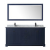 Avery 72 Inch Double Bathroom Vanity In Dark Blue, White Carrara Marble Countertop, Undermount Square Sinks, Matte Black Trim, 70 Inch Mirror