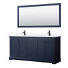 Avery 72 Inch Double Bathroom Vanity In Dark Blue, White Cultured Marble Countertop, Undermount Square Sinks, Matte Black Trim, 70 Inch Mirror