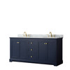 Avery 72 Inch Double Bathroom Vanity In Dark Blue, White Carrara Marble Countertop, Undermount Oval Sinks, And No Mirror