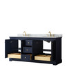 Avery 72 Inch Double Bathroom Vanity In Dark Blue, White Carrara Marble Countertop, Undermount Oval Sinks, And No Mirror