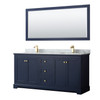 Avery 72 Inch Double Bathroom Vanity In Dark Blue, White Carrara Marble Countertop, Undermount Square Sinks, And 70 Inch Mirror