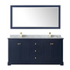 Avery 72 Inch Double Bathroom Vanity In Dark Blue, White Carrara Marble Countertop, Undermount Square Sinks, And 70 Inch Mirror