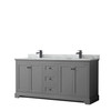 Avery 72 Inch Double Bathroom Vanity In Dark Gray, White Carrara Marble Countertop, Undermount Square Sinks, Matte Black Trim