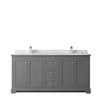 Avery 72 Inch Double Bathroom Vanity In Dark Gray, White Carrara Marble Countertop, Undermount Square Sinks, And No Mirror