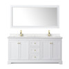 Avery 72 Inch Double Bathroom Vanity In White, Carrara Cultured Marble Countertop, Undermount Square Sinks, Brushed Gold Trim