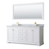 Avery 72 Inch Double Bathroom Vanity In White, White Carrara Marble Countertop, Undermount Square Sinks, 70 Inch Mirror, Brushed Gold Trim