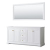 Avery 72 Inch Double Bathroom Vanity In White, No Countertop, No Sinks, 70 Inch Mirror, Brushed Gold Trim