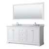 Avery 72 Inch Double Bathroom Vanity In White, White Carrara Marble Countertop, Undermount Oval Sinks, And 70 Inch Mirror