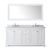 Avery 72 Inch Double Bathroom Vanity In White, White Carrara Marble Countertop, Undermount Oval Sinks, And 70 Inch Mirror
