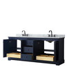 Avery 80 Inch Double Bathroom Vanity In Dark Blue, White Carrara Marble Countertop, Undermount Oval Sinks, Matte Black Trim