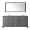 Avery 80 Inch Double Bathroom Vanity In Dark Gray, White Carrara Marble Countertop, Undermount Square Sinks, And 70 Inch Mirror