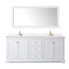 Avery 80 Inch Double Bathroom Vanity In White, Carrara Cultured Marble Countertop, Undermount Square Sinks, 70 Inch Mirror, Brushed Gold Trim