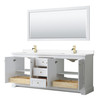Avery 80 Inch Double Bathroom Vanity In White, White Cultured Marble Countertop, Undermount Square Sinks, 70 Inch Mirror, Brushed Gold Trim