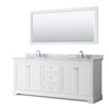 Avery 80 Inch Double Bathroom Vanity In White, White Carrara Marble Countertop, Undermount Oval Sinks, And 70 Inch Mirror