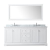Avery 80 Inch Double Bathroom Vanity In White, White Carrara Marble Countertop, Undermount Oval Sinks, And 70 Inch Mirror