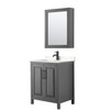 Daria 30 Inch Single Bathroom Vanity In Dark Gray, Carrara Cultured Marble Countertop, Undermount Square Sink, Matte Black Trim, Medicine Cabinet