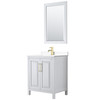 Daria 30 Inch Single Bathroom Vanity In White, White Cultured Marble Countertop, Undermount Square Sink, 24 Inch Mirror, Brushed Gold Trim