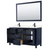 Daria 60 Inch Double Bathroom Vanity In Dark Blue, Carrara Cultured Marble Countertop, Undermount Square Sinks, Matte Black Trim, 58 Inch Mirror