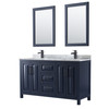 Daria 60 Inch Double Bathroom Vanity In Dark Blue, White Carrara Marble Countertop, Undermount Square Sinks, Matte Black Trim, 24 Inch Mirrors