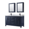 Daria 60 Inch Double Bathroom Vanity In Dark Blue, White Carrara Marble Countertop, Undermount Square Sinks, Matte Black Trim, Medicine Cabinets