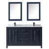 Daria 60 Inch Double Bathroom Vanity In Dark Blue, White Carrara Marble Countertop, Undermount Square Sinks, Matte Black Trim, Medicine Cabinets