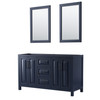 Daria 60 Inch Double Bathroom Vanity In Dark Blue, No Countertop, No Sink, Matte Black Trim, 24 Inch Mirrors