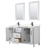 Daria 60 Inch Double Bathroom Vanity In White, Carrara Cultured Marble Countertop, Undermount Square Sinks, Matte Black Trim, 24 Inch Mirrors