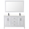 Daria 60 Inch Double Bathroom Vanity In White, Carrara Cultured Marble Countertop, Undermount Square Sinks, Matte Black Trim, 58 Inch Mirror