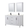 Daria 60 Inch Double Bathroom Vanity In White, Carrara Cultured Marble Countertop, Undermount Square Sinks, Matte Black Trim, Medicine Cabinets